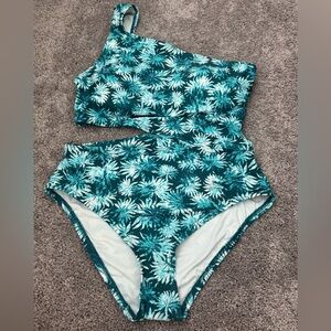 Michael Kors Teal and White One-Shoulder One Piece